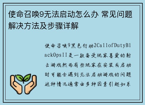 使命召唤9无法启动怎么办 常见问题解决方法及步骤详解